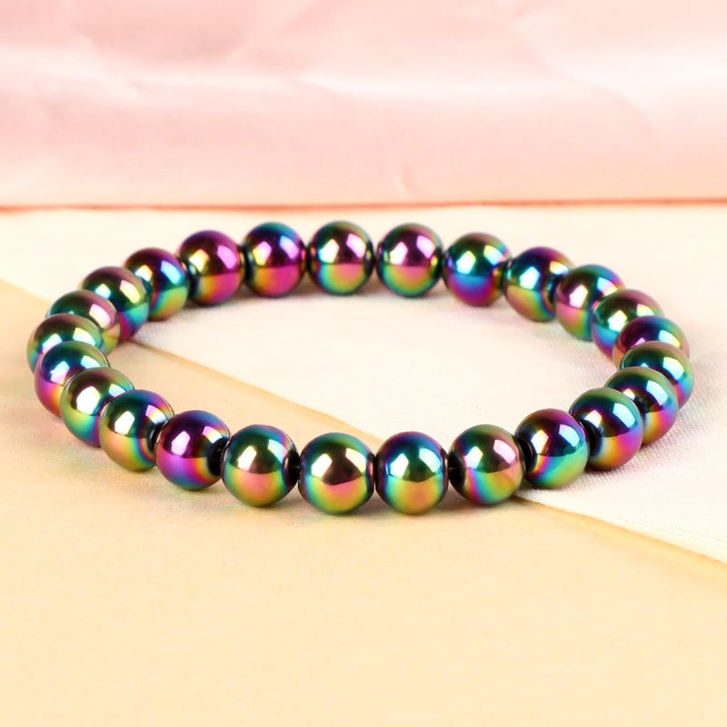 LPBeads سوار هيماتيت مطلي بقوس قزح من خرز الأحجار الكريمة الطبيعية المصنوعة يدويًا بقطر 8 مم، هدايا مجوهرات للنساء والرجال - Image 3