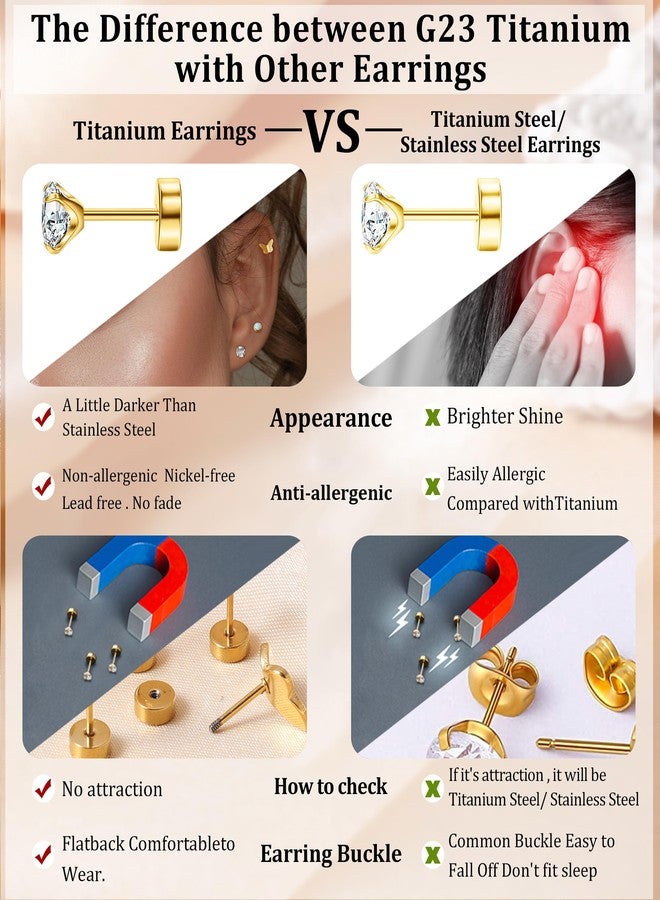 MJust Flat Back Titanium Earrings for Women & Men, 4 Pairs Hypoallergenic Titanium Earrings for Sensitive Ears, Screw Back Cartilage Earrings Set with CZ & Opal(Golden) - Image 4