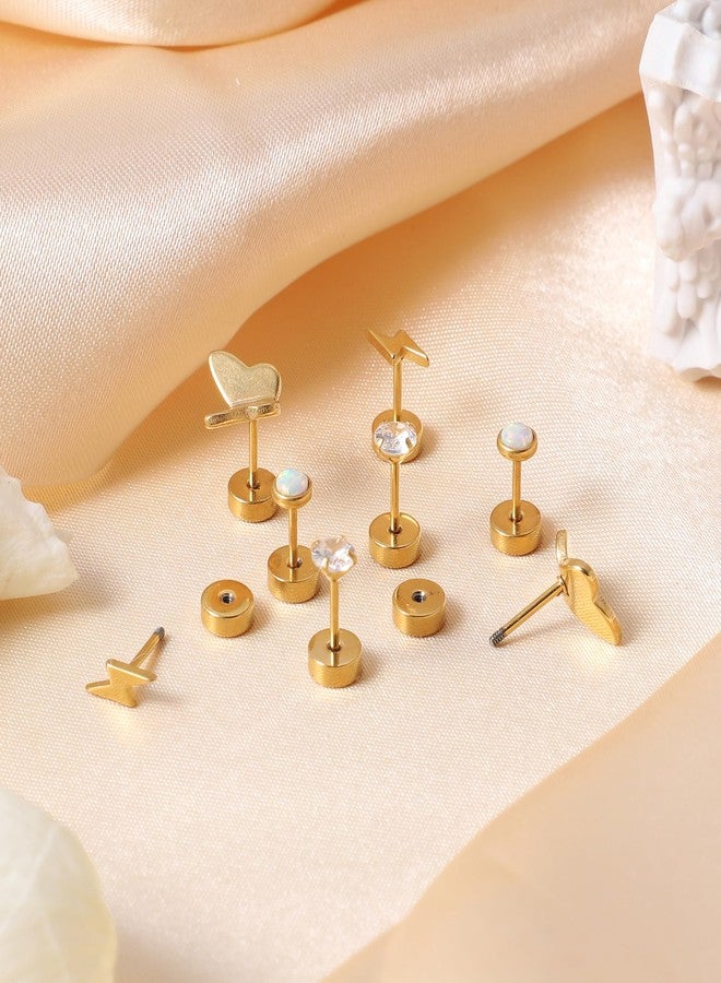 MJust Flat Back Titanium Earrings for Women & Men, 4 Pairs Hypoallergenic Titanium Earrings for Sensitive Ears, Screw Back Cartilage Earrings Set with CZ & Opal(Golden) - Image 5