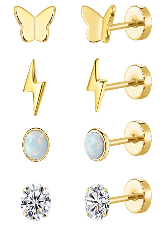 MJust Flat Back Titanium Earrings for Women & Men, 4 Pairs Hypoallergenic Titanium Earrings for Sensitive Ears, Screw Back Cartilage Earrings Set with CZ & Opal(Golden) - Image 1