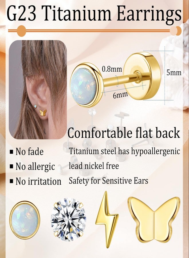 MJust Flat Back Titanium Earrings for Women & Men, 4 Pairs Hypoallergenic Titanium Earrings for Sensitive Ears, Screw Back Cartilage Earrings Set with CZ & Opal(Golden) - Image 2