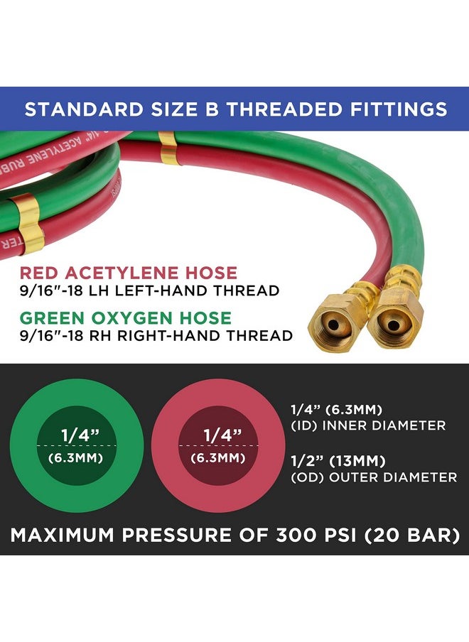 Master Airbrush - Master Elite 25' Oxygen Acetylene Hose Welding Set - Twin 1/4" B Fittings (9/16”-18) - Green Red, Grade R Oxy Acetylene Hoses, Cutting Torch Hose for Cutting Metal - Image 1