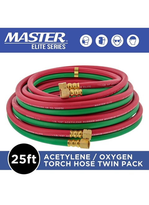 Master Elite 25' Oxygen Acetylene Hose Welding Set - Twin 1/4" B Fittings (9/16”-18) - Green Red, Grade R Oxy Acetylene Hoses, Cutting Torch Hose for Cutting Metal