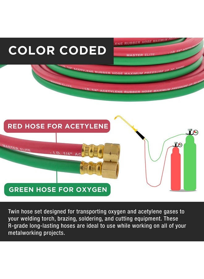 Master Airbrush - Master Elite 25' Oxygen Acetylene Hose Welding Set - Twin 1/4" B Fittings (9/16”-18) - Green Red, Grade R Oxy Acetylene Hoses, Cutting Torch Hose for Cutting Metal - Image 1