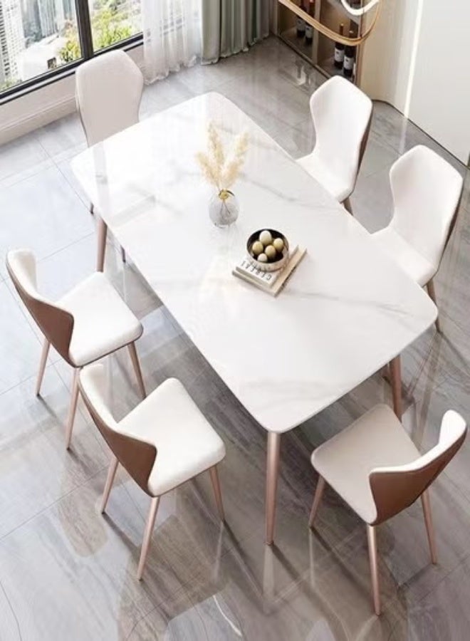 Modern Multipurpose Industrial Standard Rectangle Sintered Stone Dining Table and 6 Curved Ergonomic Chair Set for Kitchen Restroom140x80x75 and 43x54x84 cm