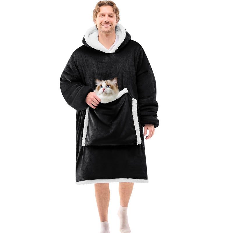 JOYWOO Black Oversized Wearable Blanket Hoodie, Cat lovers Long Hoodie Blanket for Adult,Birthday Gifts for Women Men Mom,Cozy Fuzzy Sherpa Fleece Sweatshirt Hooded Blanket Giant Pocket Gifts,Oversize - Image 1