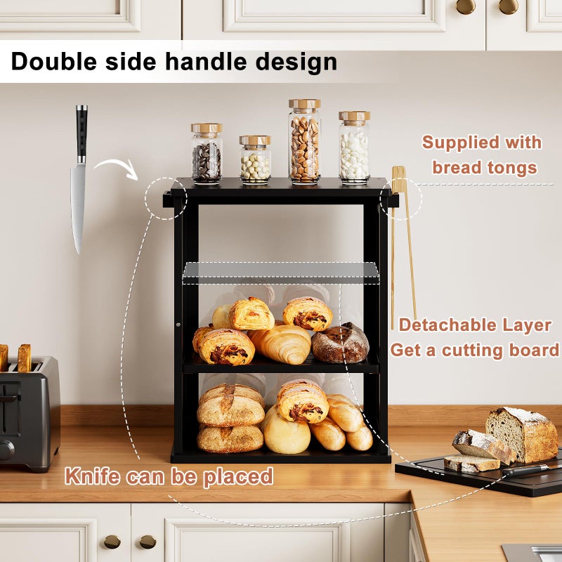 WOWLIVE Black Bread Box for Kitchen Countertop, Large 3 Layers Bread Storage Container for Homemade Bread with Window, Farmhouse Breadbox Organizer for Kitchen, Cabinet, Pantry (Black, Extra Large) - Image 5