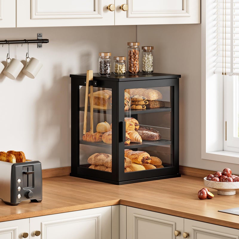 WOWLIVE Black Bread Box for Kitchen Countertop, Large 3 Layers Bread Storage Container for Homemade Bread with Window, Farmhouse Breadbox Organizer for Kitchen, Cabinet, Pantry (Black, Extra Large) - Image 2