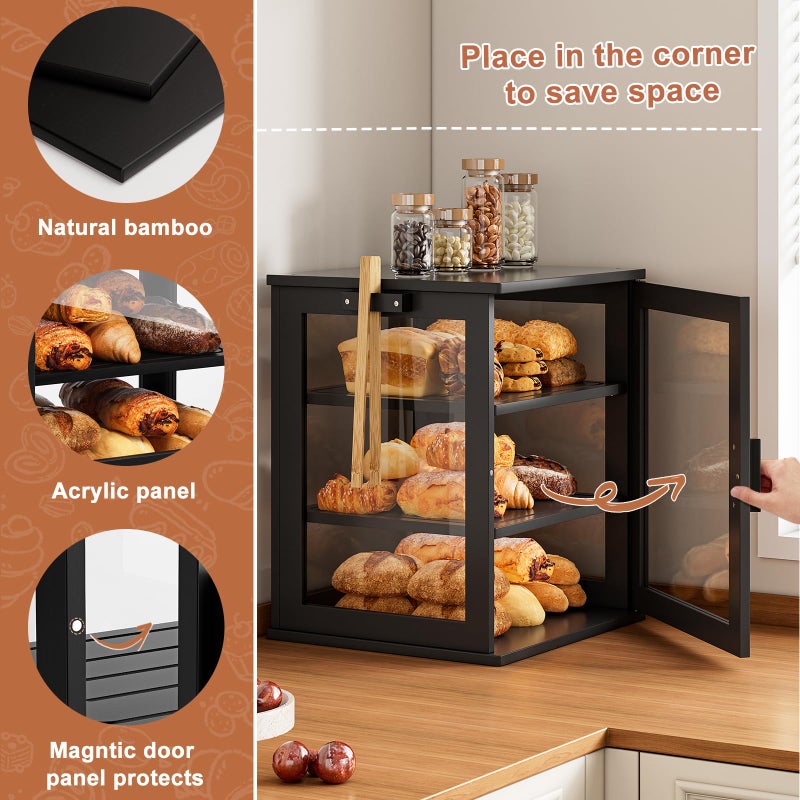 WOWLIVE Black Bread Box for Kitchen Countertop, Large 3 Layers Bread Storage Container for Homemade Bread with Window, Farmhouse Breadbox Organizer for Kitchen, Cabinet, Pantry (Black, Extra Large) - Image 4