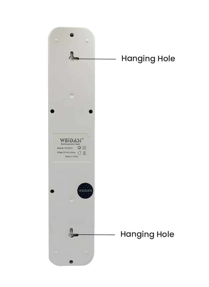 WEIDASI Rechargeable LED Emergency Light with AC/DC Charging, Dual Brightness Modes, Handle and Wall Mounting Option WD-802TD