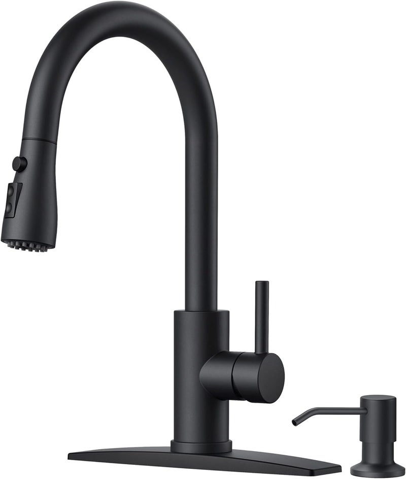 FORIOUS Black Kitchen Faucet with Soap Dispenser and Pull Down Sprayer, Bar High Arc Single Handle Classic 3 Modes Stainless Steel Faucet for Kitchen Sink Farmhouse RV Laundry Camper - Image 1