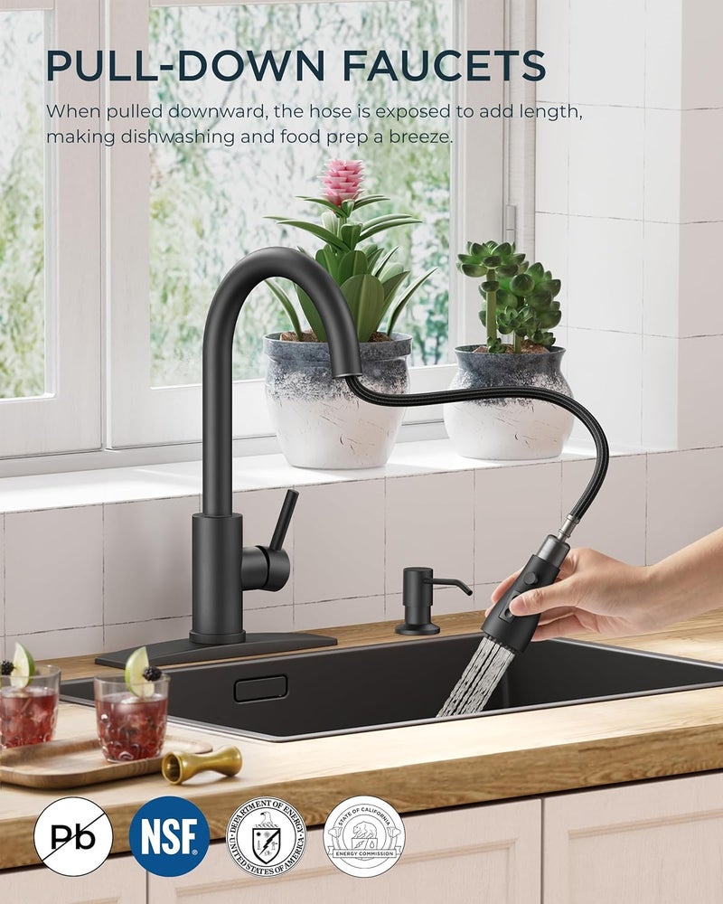 FORIOUS Black Kitchen Faucet with Soap Dispenser and Pull Down Sprayer, Bar High Arc Single Handle Classic 3 Modes Stainless Steel Faucet for Kitchen Sink Farmhouse RV Laundry Camper - Image 2