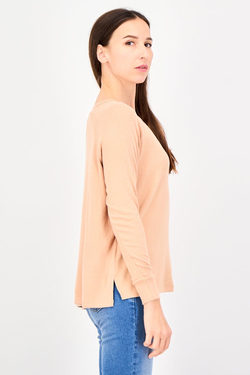 UNDIZ Women Round Neck Long Sleeve Plain Top, Beige - Image 2