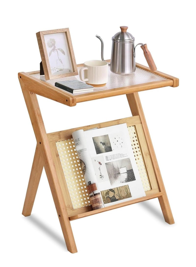 𝐅𝐅𝐃 Narrow End Table with Rattan Shelf & Corrugated Glass Top – L-Shaped Nightstand for Bedroom, Sofa Side Table, Rustic Boho Accent Table, Small Bamboo Bedside Table for Living Room - Image 1