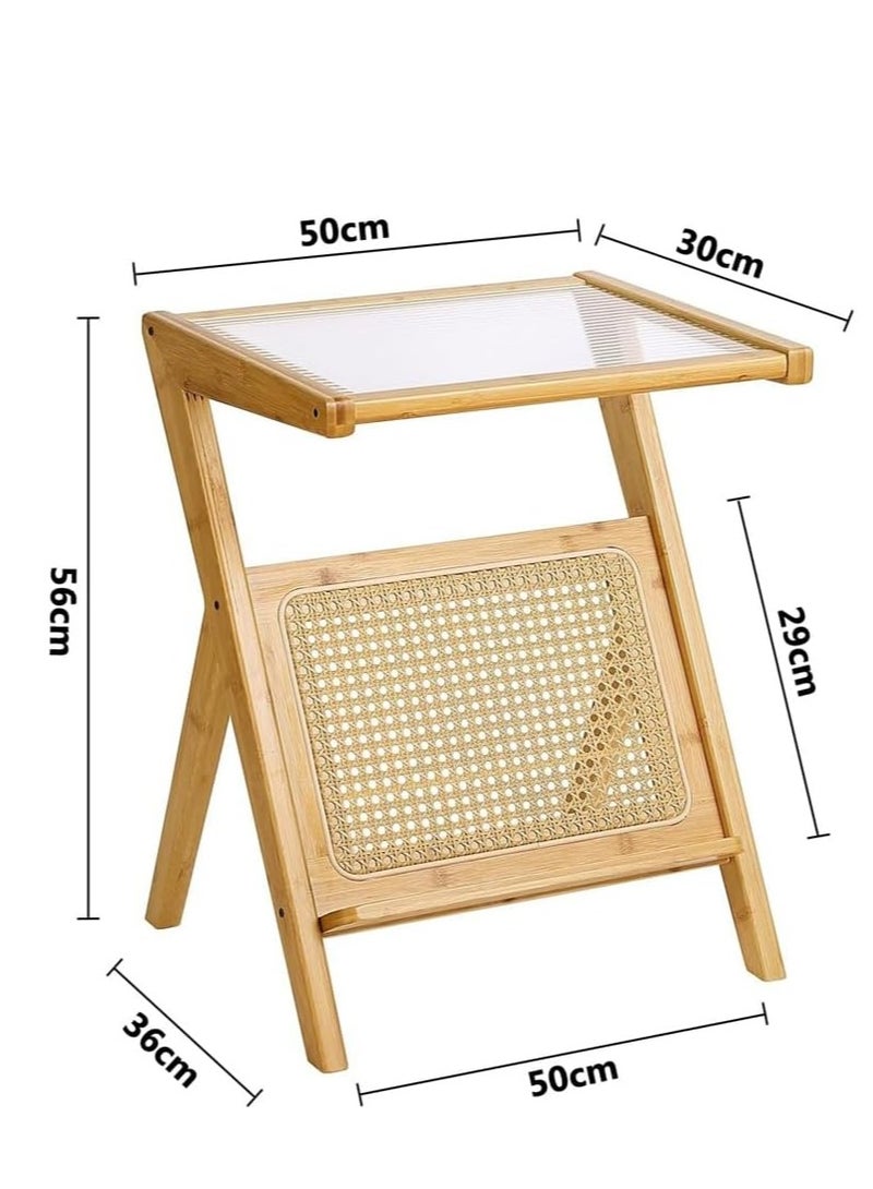 𝐅𝐅𝐃 Narrow End Table with Rattan Shelf & Corrugated Glass Top – L-Shaped Nightstand for Bedroom, Sofa Side Table, Rustic Boho Accent Table, Small Bamboo Bedside Table for Living Room - Image 2