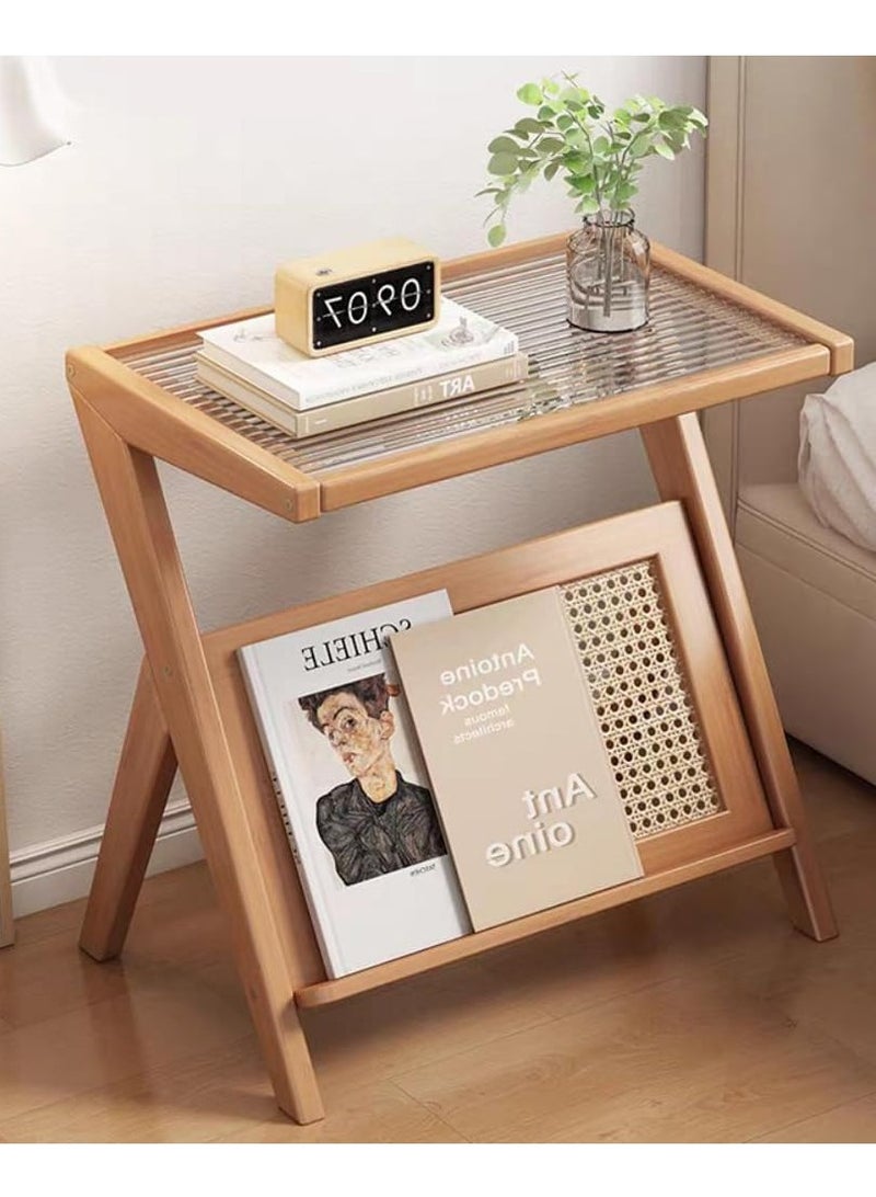 𝐅𝐅𝐃 Narrow End Table with Rattan Shelf & Corrugated Glass Top – L-Shaped Nightstand for Bedroom, Sofa Side Table, Rustic Boho Accent Table, Small Bamboo Bedside Table for Living Room - Image 4