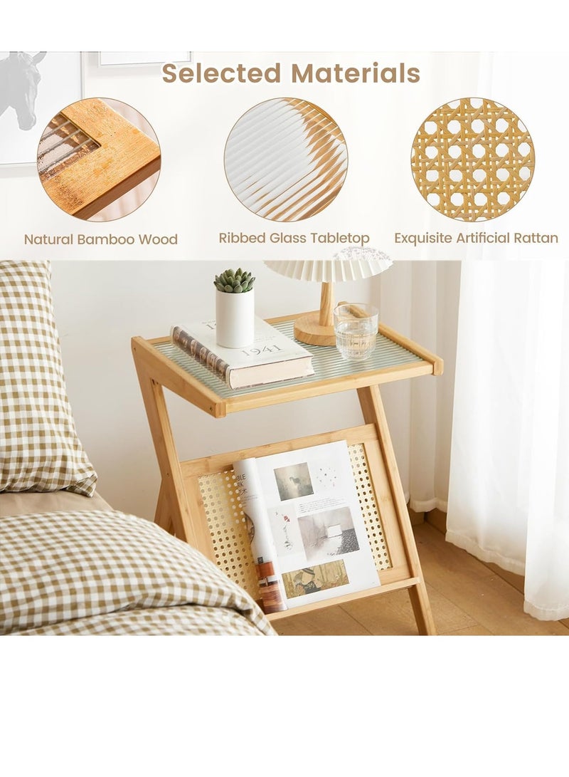 𝐅𝐅𝐃 Narrow End Table with Rattan Shelf & Corrugated Glass Top – L-Shaped Nightstand for Bedroom, Sofa Side Table, Rustic Boho Accent Table, Small Bamboo Bedside Table for Living Room - Image 5