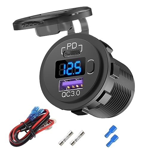 Hapytrip 12V USB C Car Charger Socket, 38W PD 3.0 & QC 3.0 Car USB Port, Waterproof 12 Volt USB Outlet with Power Switch Voltmeter for Car Marine Truck RV - Image 1