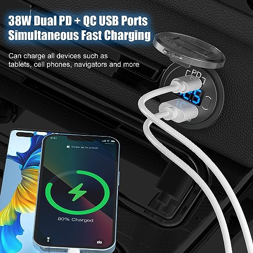 Hapytrip 12V USB C Car Charger Socket, 38W PD 3.0 & QC 3.0 Car USB Port, Waterproof 12 Volt USB Outlet with Power Switch Voltmeter for Car Marine Truck RV - Image 2
