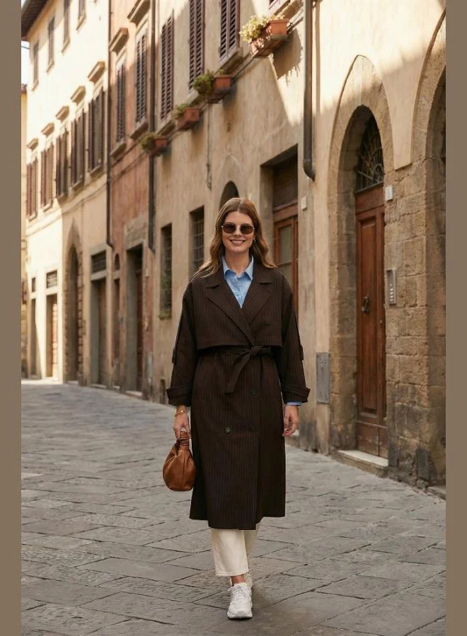 ليلا معطف ترنش طويل بحزام مزدوج الصدر مخطط للنساء