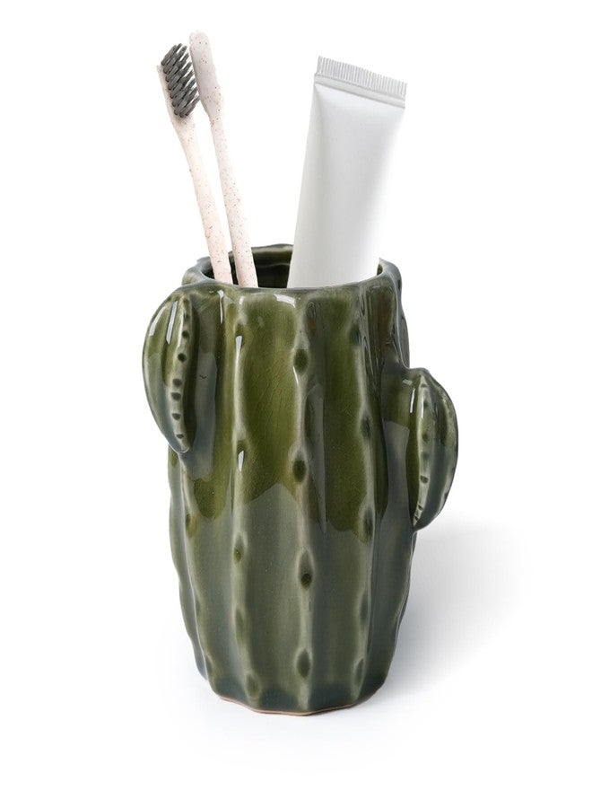 Deapeey Cactus Toothbrush Holder for Bathrooms，Ceramic Toothpaste Holder Cute Toothbrush Holder Set,for Bathroom Counter and Desk Office Fun Decor Desk Organizer, Makeup Brush Holder - Dark Green - Image 1