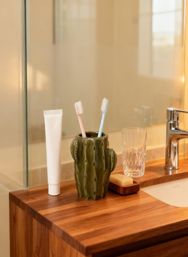 Deapeey Cactus Toothbrush Holder for Bathrooms，Ceramic Toothpaste Holder Cute Toothbrush Holder Set,for Bathroom Counter and Desk Office Fun Decor Desk Organizer, Makeup Brush Holder - Dark Green - Image 4