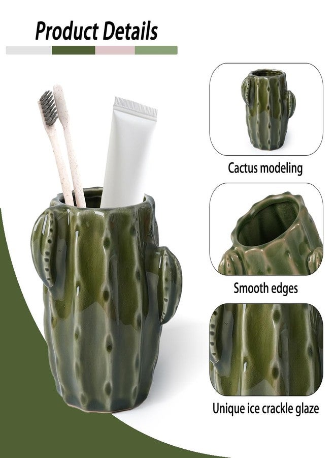 Deapeey Cactus Toothbrush Holder for Bathrooms，Ceramic Toothpaste Holder Cute Toothbrush Holder Set,for Bathroom Counter and Desk Office Fun Decor Desk Organizer, Makeup Brush Holder - Dark Green - Image 3