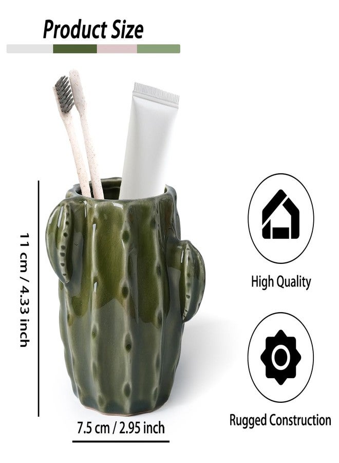 Deapeey Cactus Toothbrush Holder for Bathrooms，Ceramic Toothpaste Holder Cute Toothbrush Holder Set,for Bathroom Counter and Desk Office Fun Decor Desk Organizer, Makeup Brush Holder - Dark Green - Image 2