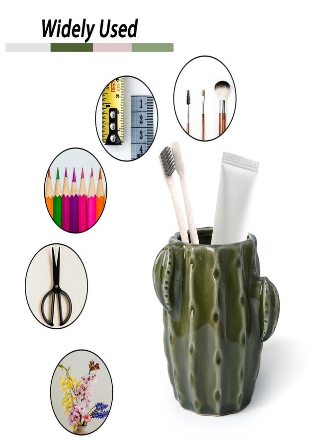 Deapeey Cactus Toothbrush Holder for Bathrooms，Ceramic Toothpaste Holder Cute Toothbrush Holder Set,for Bathroom Counter and Desk Office Fun Decor Desk Organizer, Makeup Brush Holder - Dark Green - Image 5