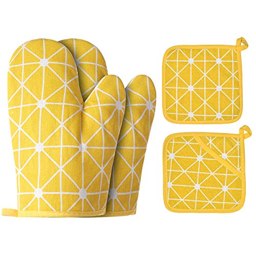 Win Change Oven Mitts and Potholders BBQ GlovesOven Mitts and Pot Holders with Recycled Infill Silicone NonSlip Cooking Gloves for Cooking Baking Grilling 4Piece SetYellow