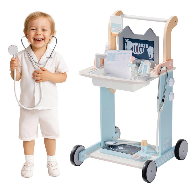 ROBUD Toddler Doctor Play Set Complete Doctor Kit for Kids with Adjustable Height and Medical Tools Wooden Pretend Play Pet Doctor Cart for Kids Aged 3 Vet Kit for Imaginative Role Play Fun - Image 3