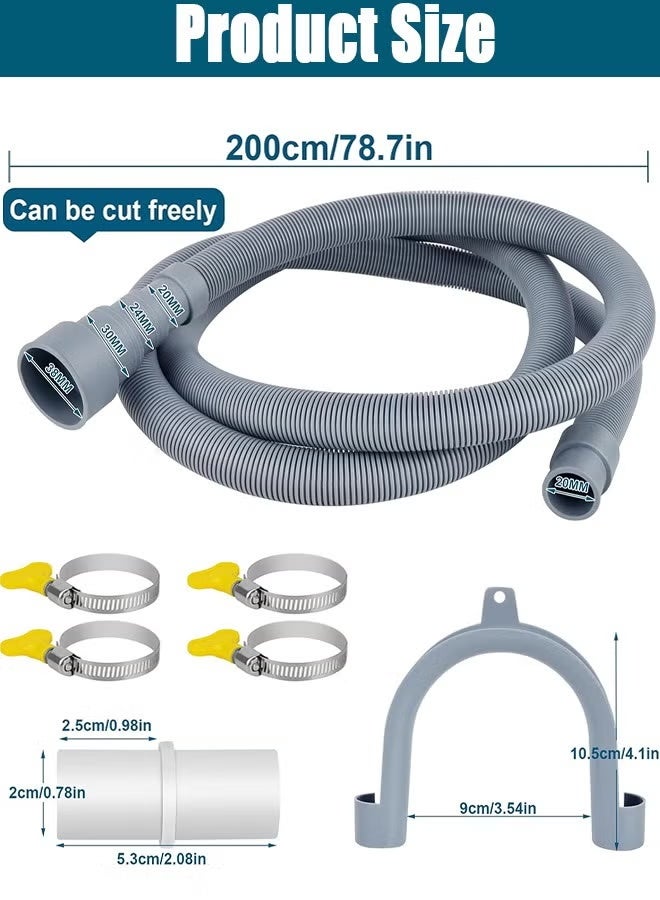 Washing Machine Drain Hose Pipe, Universal Drain Hose Extension Kit with 1 Adapter 4 Hose Clamps 1 U-Bend Hose Holder for Washer Dryer Dishwasher Applications (2M) - Image 1
