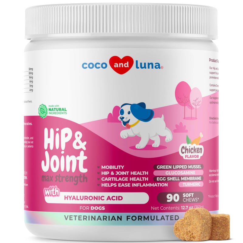 Coco and Luna Hip and Joint Support for Dogs - Max Strength - 90 Soft Chews - with Green Lipped Mussel, Glucosamine, Turmeric, Fish Oil, MSM and Yucca Schidigera. - Image 1