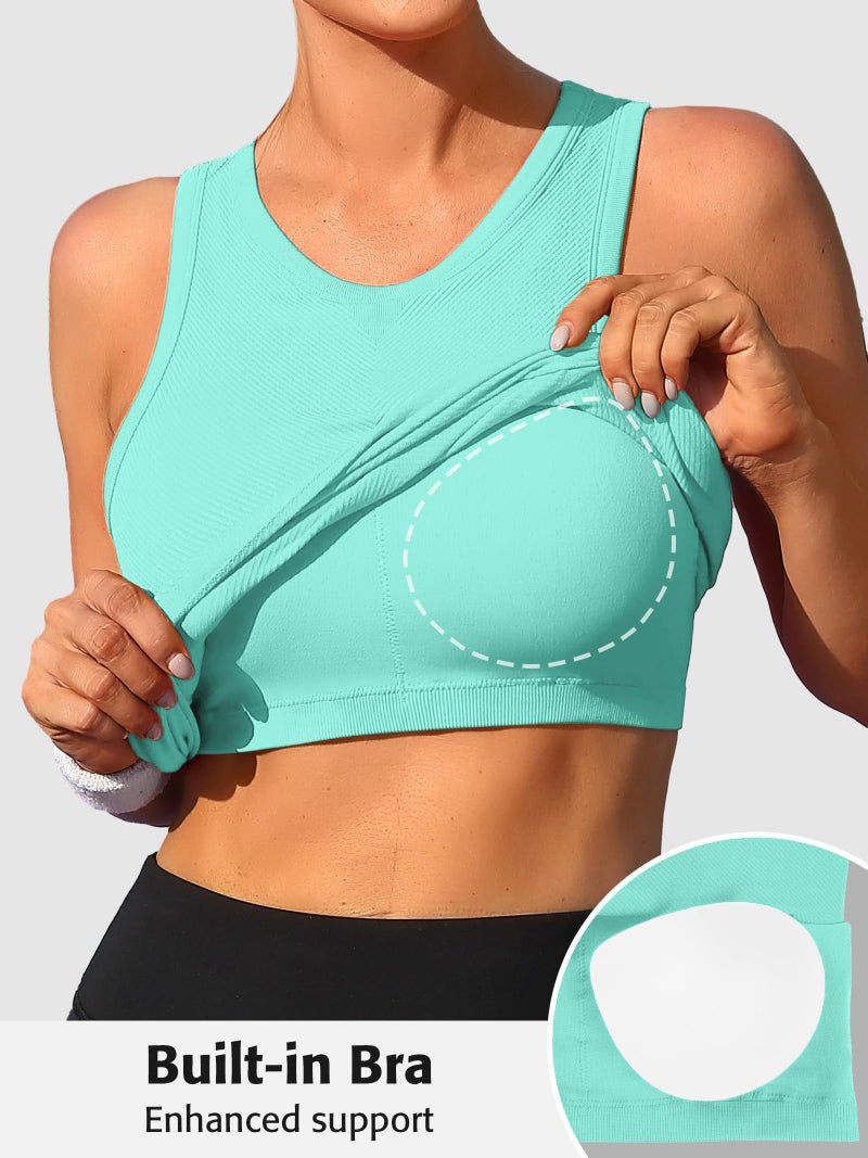 ATTRACO Yoga Tops for Women Built in Bra Workout Tops for Women Sports Bra Tank Tops Aquamarine Medium - Image 5