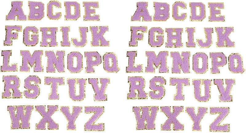 2 Sets 26 Letter Patches A to Z, Iron On Embroidered Alphabet Patches with Purple Gold Glitter Trim, Easy Apply Polyester Applique for Shirts Hats Backpacks and DIY - Image 1