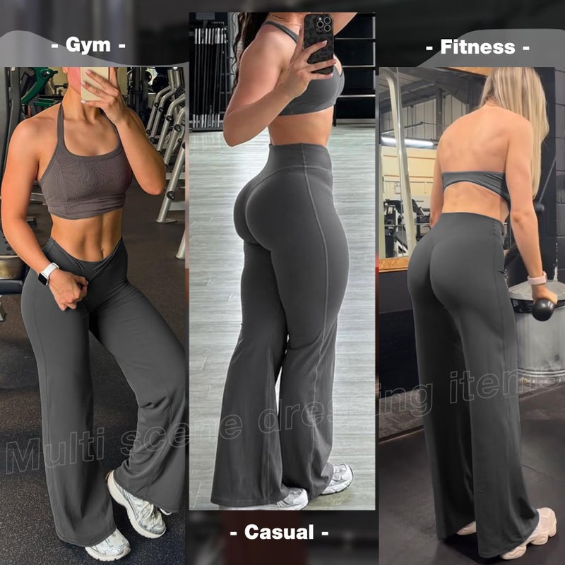 JGS1996 Wide Leg Yoga Pants Bottoms Straight Leg Leggings for Women High Waist Stretch Booty Casual Gym Workout Sweatpants Dark Grey - Image 2