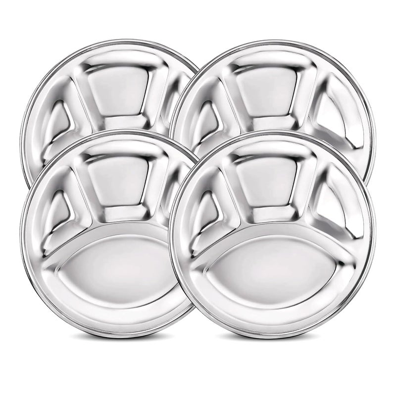 PLUMM Get Plumm Stainless Steel Thali Set | Compartment Thali Set of 4 | Bhojan Thali | Compartment Thali 4 in 1 | Mess Tray Steel | Thali Set Stainless Steel | Round Thali with Compartments | Set of 4 - Image 1