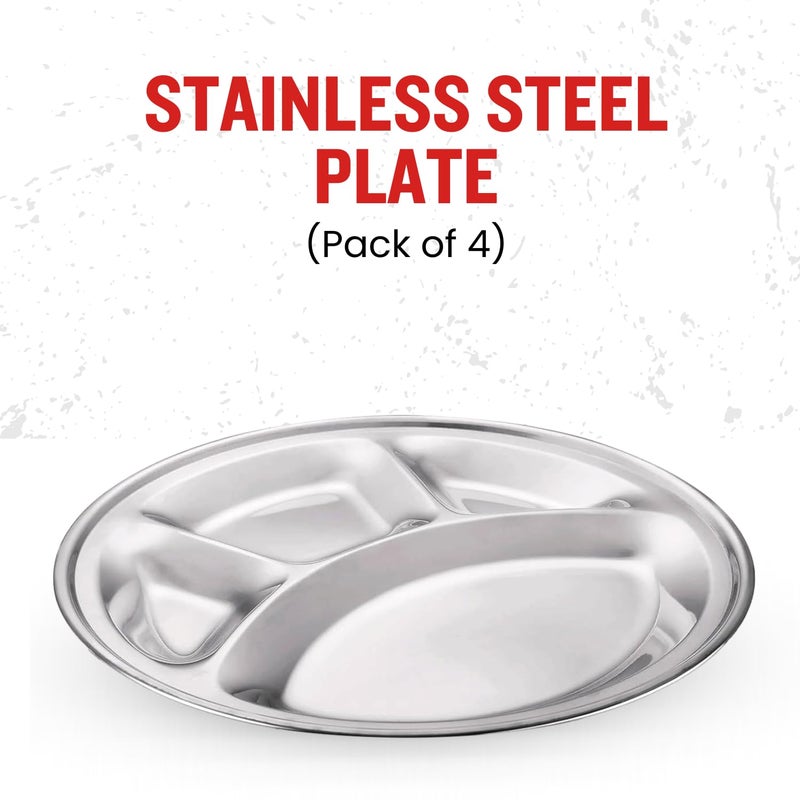 PLUMM Get Plumm Stainless Steel Thali Set | Compartment Thali Set of 4 | Bhojan Thali | Compartment Thali 4 in 1 | Mess Tray Steel | Thali Set Stainless Steel | Round Thali with Compartments | Set of 4 - Image 2