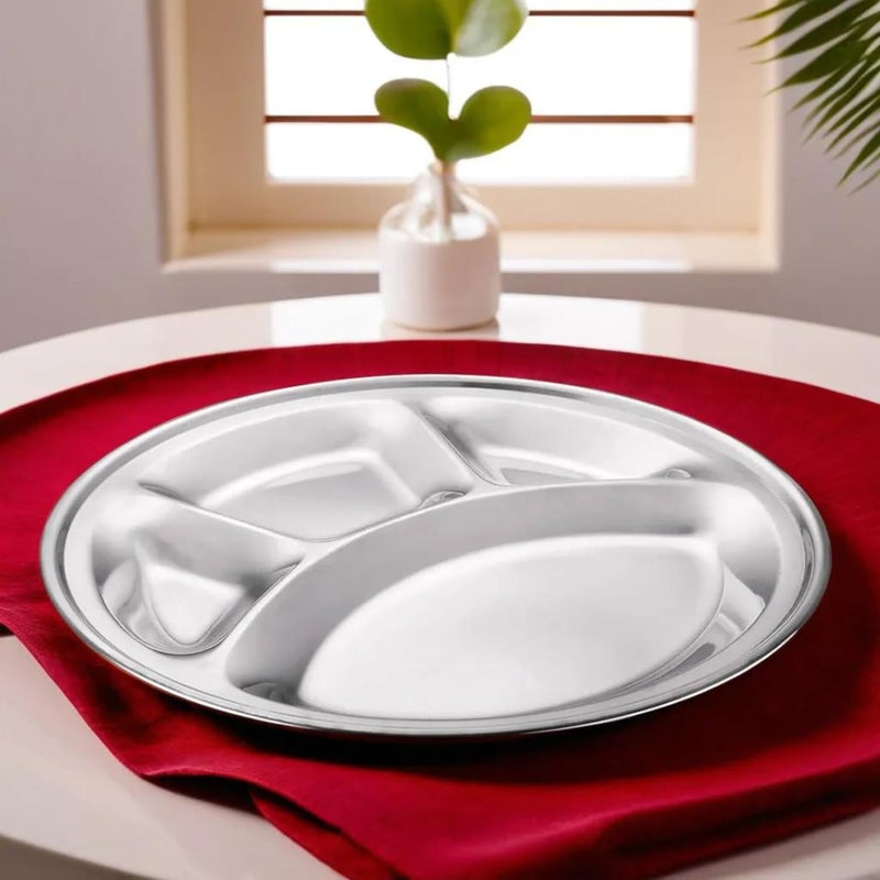 PLUMM Get Plumm Stainless Steel Thali Set | Compartment Thali Set of 4 | Bhojan Thali | Compartment Thali 4 in 1 | Mess Tray Steel | Thali Set Stainless Steel | Round Thali with Compartments | Set of 4 - Image 5