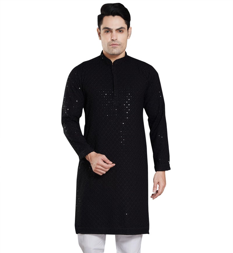 DIVISIVE Men's Sequince Embroidered Cotton Blend Only Slim Fit Kurta (DKRT15_L_Black) - Image 1
