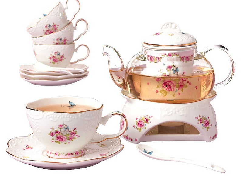 JusalphaÂ® Vintage Porcelain Flower Series Tea Sets, Tea Cup Saucer Set with Teapot Warmer- Filter and Spoon, 16pcs in 1 set (16pcs set) - Image 1