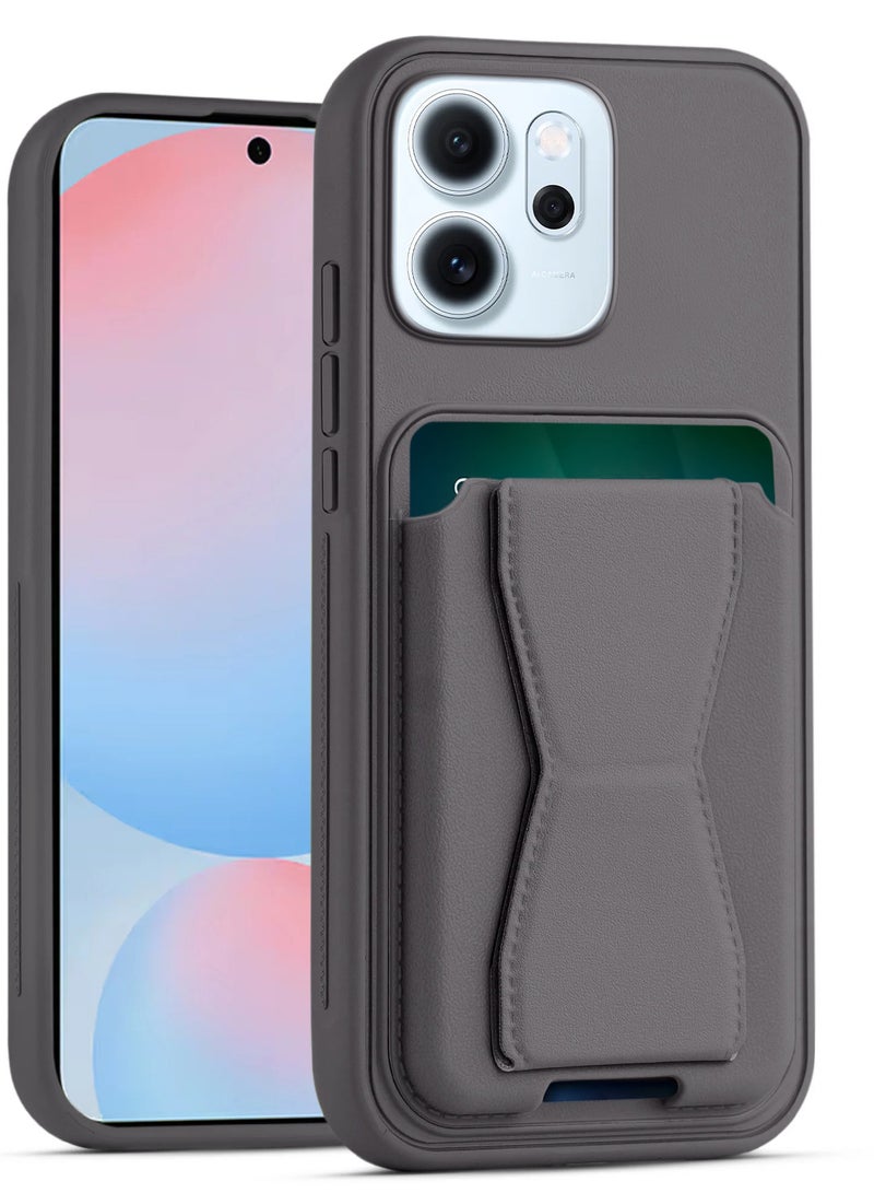 Leather back cover with card wallet Foldable Shockpoof Case compatible with Oppo Reno 14F/Reno 15F (Dark Grey)