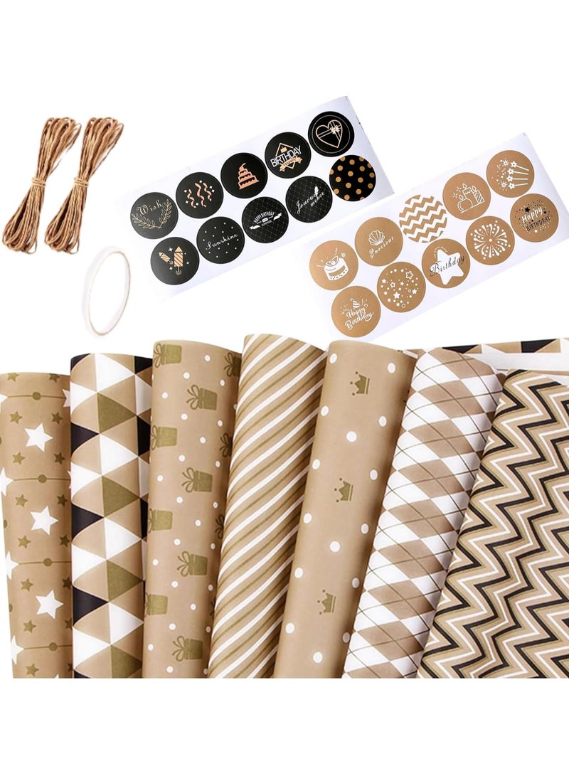 MOSH Gift Wrapping Paper sheets Set Included 7 Pack Gift Kraft Wrap Paper with Hemp String Sticker and Tape for Birthday Party Graduation Eid Boys Girls kids baby Men Women 50 cm X 70 cm Per Sheet - Image 1