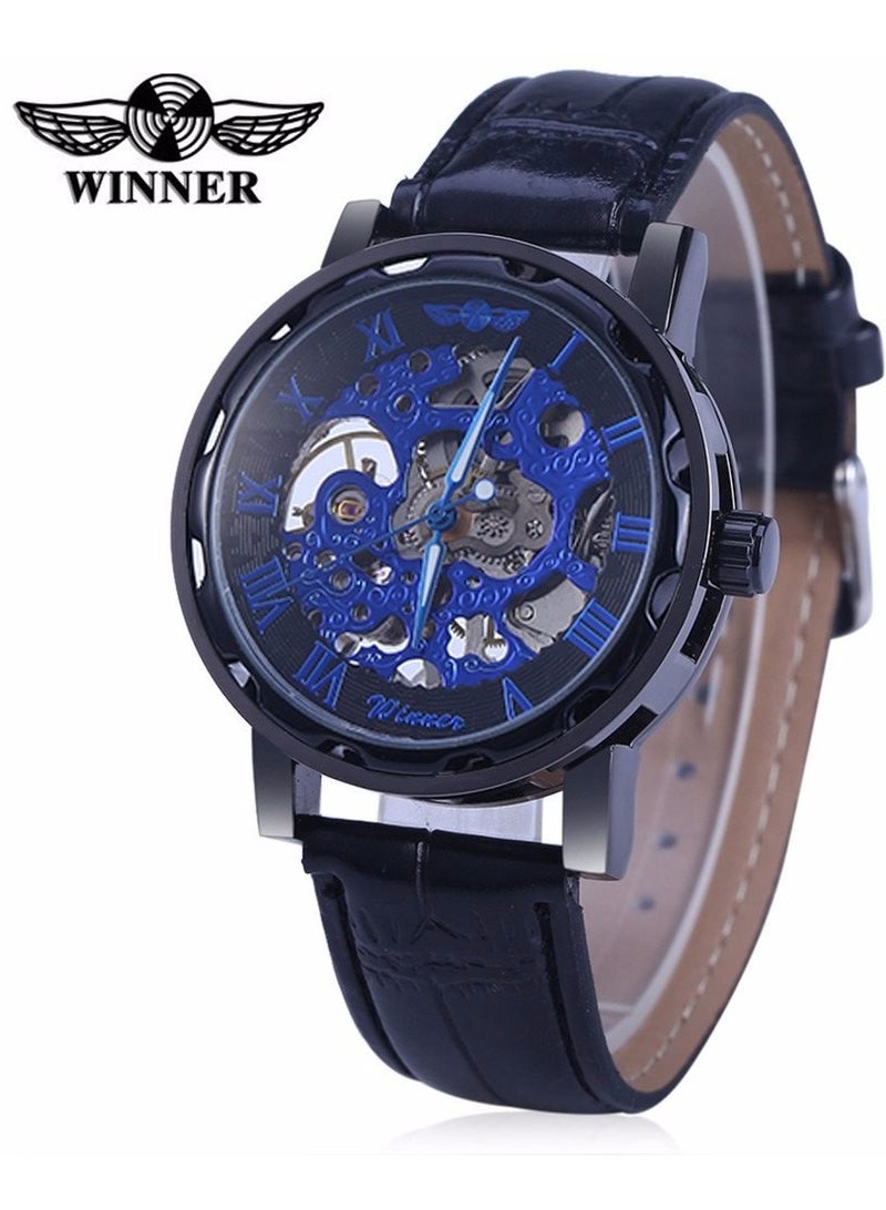 Winner Men's Watch, Mechanical Skeleton Hand-Wind Steampunk Bling Watch for Men Women, Roman Numeral PU Leather Silver Rose-Gold Case Unisex Wrist Watch