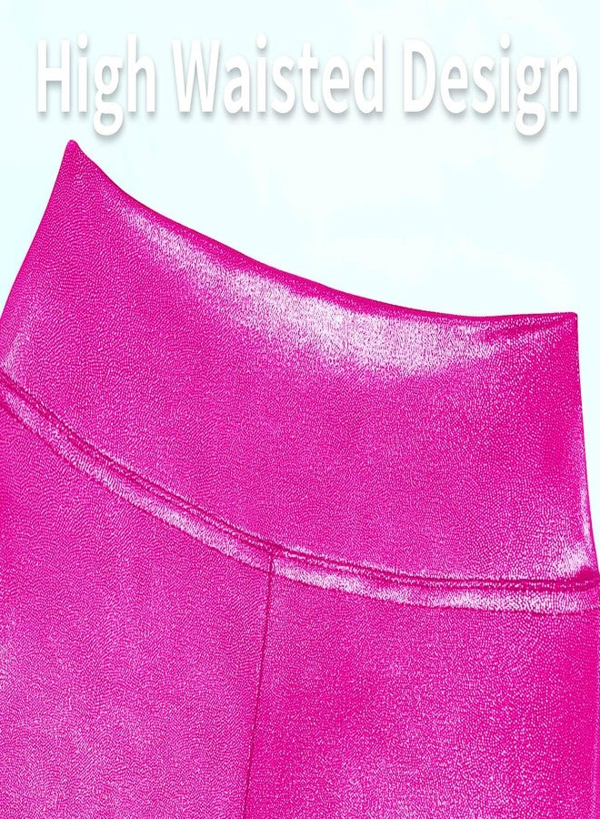 Gnainach Girls Metallic Leggings High Waisted Kids Yoga Pants Stretch Shiny Running Dance Tights for Teen School Workout, Shiny Rose Red, 6-7 Years - Image 4