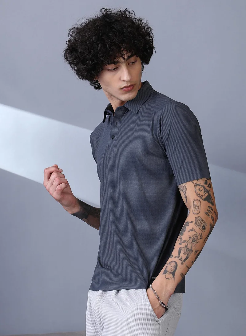 Campus Sutra Campus Sutra Men's Charcoal Grey Seamless Striped Polo T-Shirt For Casual Wear | Polo Neck | Short Regular Sleeves | Button Closure | T-Shirt Crafted With Comfort Fit For Everyday Wear