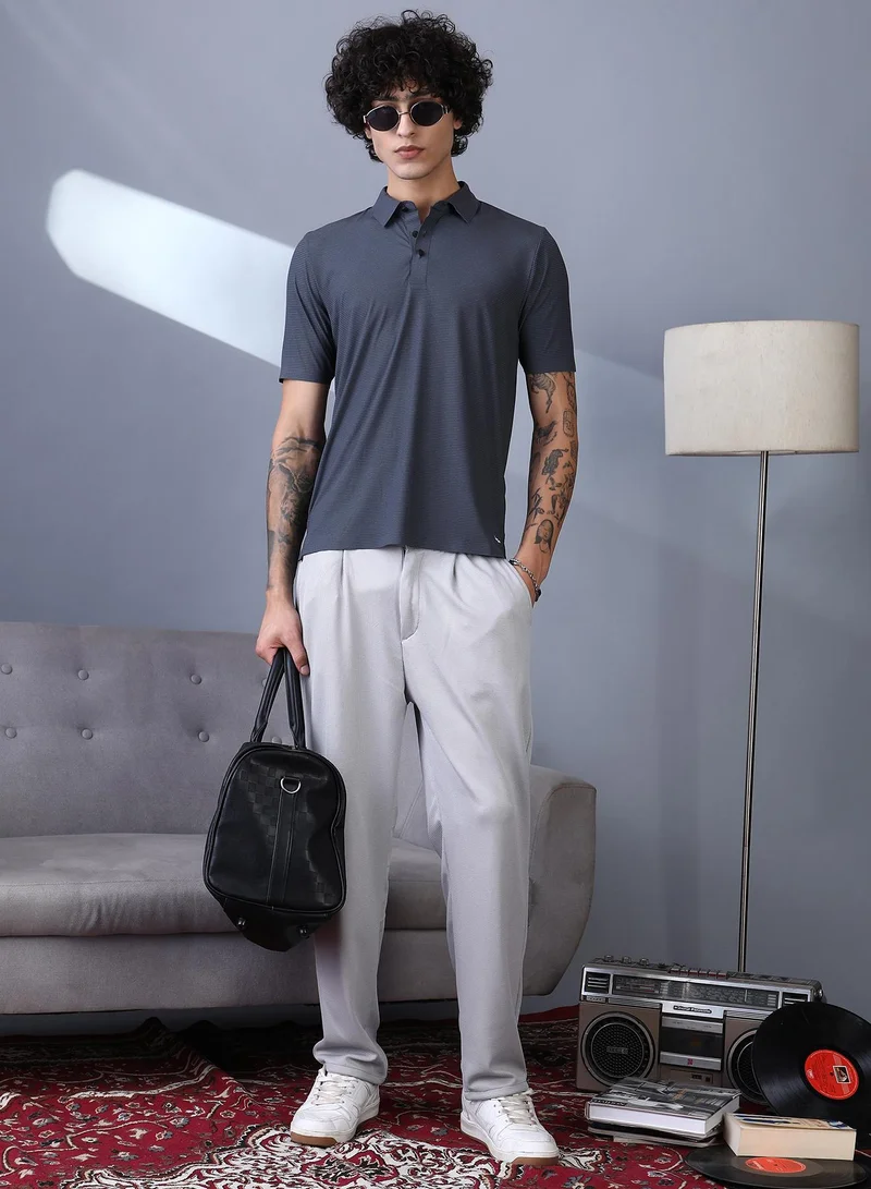 Campus Sutra Campus Sutra Men's Charcoal Grey Seamless Striped Polo T-Shirt For Casual Wear | Polo Neck | Short Regular Sleeves | Button Closure | T-Shirt Crafted With Comfort Fit For Everyday Wear
