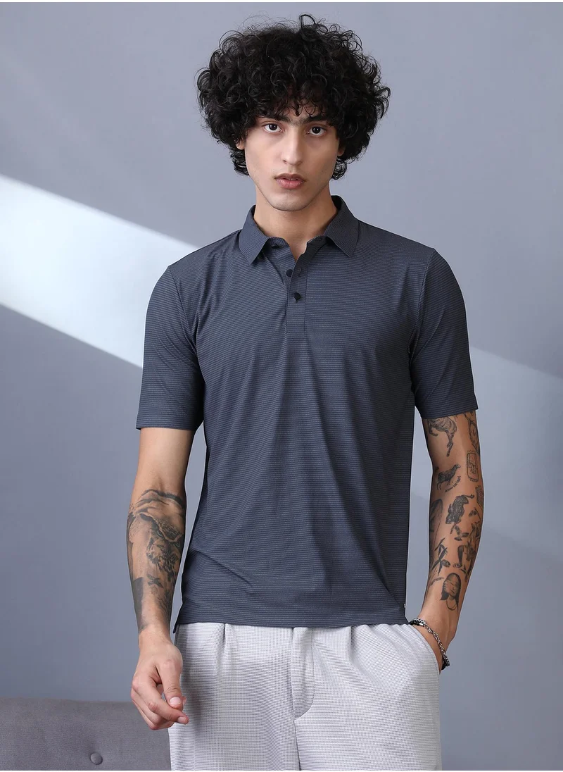 Campus Sutra Campus Sutra Men's Charcoal Grey Seamless Striped Polo T-Shirt For Casual Wear | Polo Neck | Short Regular Sleeves | Button Closure | T-Shirt Crafted With Comfort Fit For Everyday Wear
