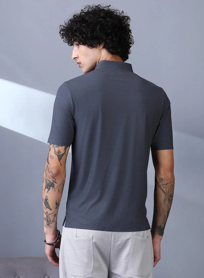 Campus Sutra Campus Sutra Men's Charcoal Grey Seamless Striped Polo T-Shirt For Casual Wear | Polo Neck | Short Regular Sleeves | Button Closure | T-Shirt Crafted With Comfort Fit For Everyday Wear