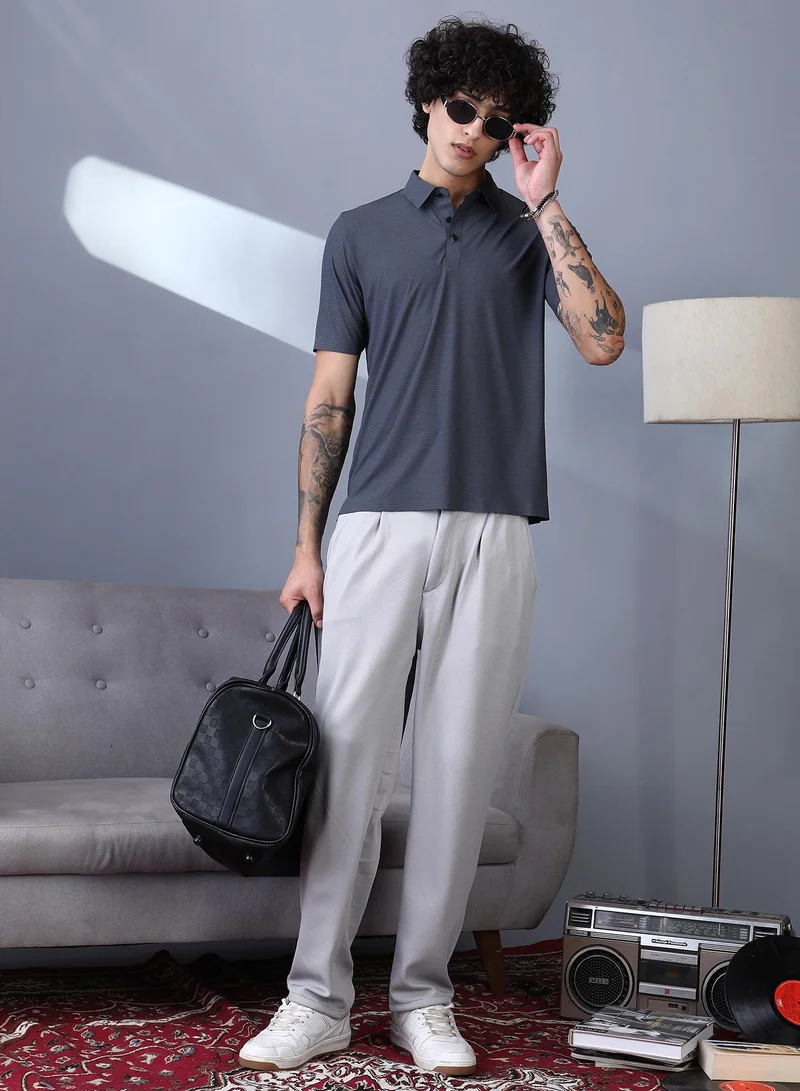 Campus Sutra Campus Sutra Men's Charcoal Grey Seamless Striped Polo T-Shirt For Casual Wear | Polo Neck | Short Regular Sleeves | Button Closure | T-Shirt Crafted With Comfort Fit For Everyday Wear